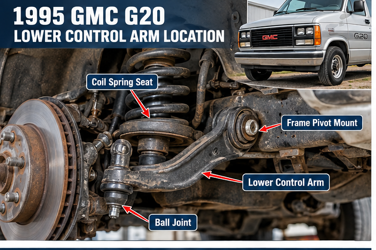 1995 GMC G20 front lower control arm location with ball joint coil spring and frame mounting points
