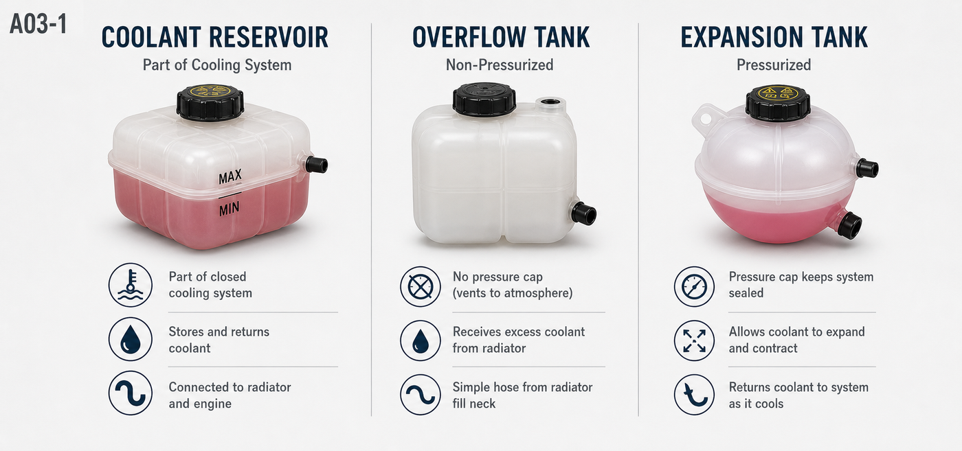 Comparison infographic of three automotive cooling components: Coolant Reservoir, Overflow Tank, and Expansion Tank.
