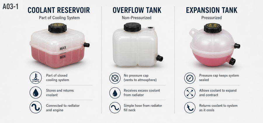 Comparison infographic of three automotive cooling components: Coolant Reservoir, Overflow Tank, and Expansion Tank.