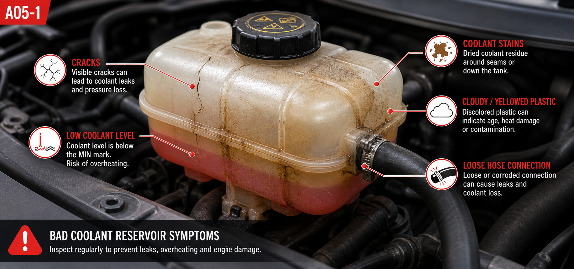 Diagram of bad coolant reservoir symptoms including visible body cracks, low coolant level, dried residue stains, cloudy yellowed plastic, and loose hose connections in an engine bay.