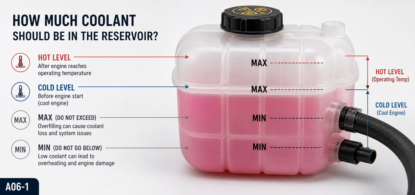 Diagram titled How Much Coolant Should Be in the Reservoir showing correct fill lines. It explains that the cold level should be at the lower MAX line when cool, hot level reaches the upper MAX line at operating temperature, and warns not to go below MIN.