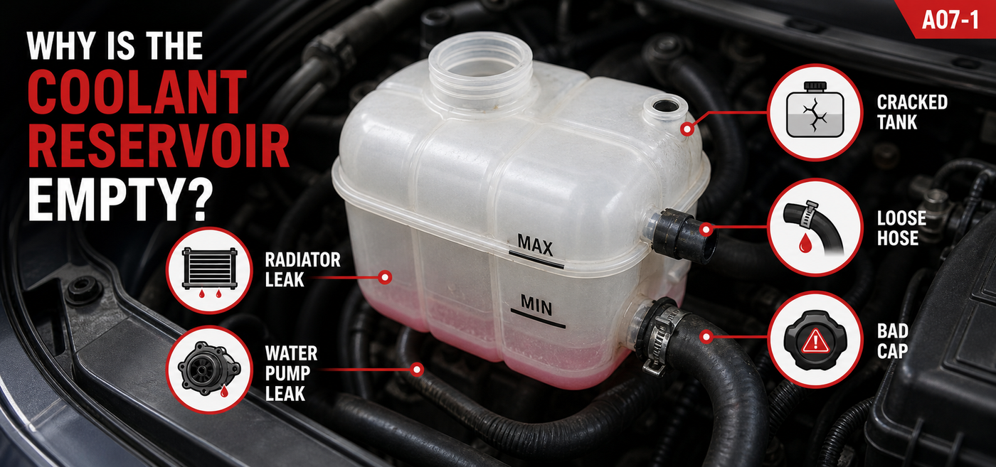 Coolant reservoir under the hood showing common causes of an empty tank, including cracked reservoir, loose hose, bad cap, radiator leak, and water pump leak