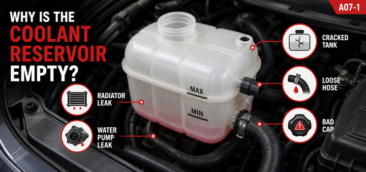Infographic titled Why Is The Coolant Reservoir Empty showing common leak causes: radiator leak, water pump leak, cracked tank, loose hose, and bad cap pointed around a translucent plastic reservoir tank.