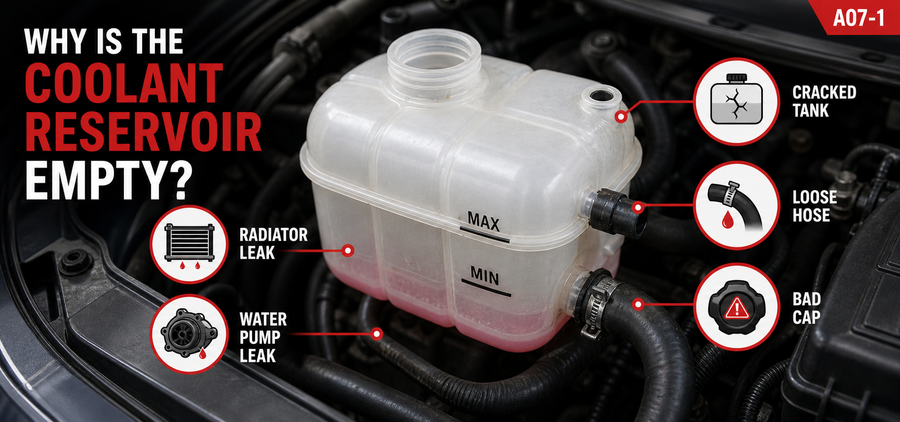 Infographic titled Why Is The Coolant Reservoir Empty showing common leak causes: radiator leak, water pump leak, cracked tank, loose hose, and bad cap pointed around a translucent plastic reservoir tank.