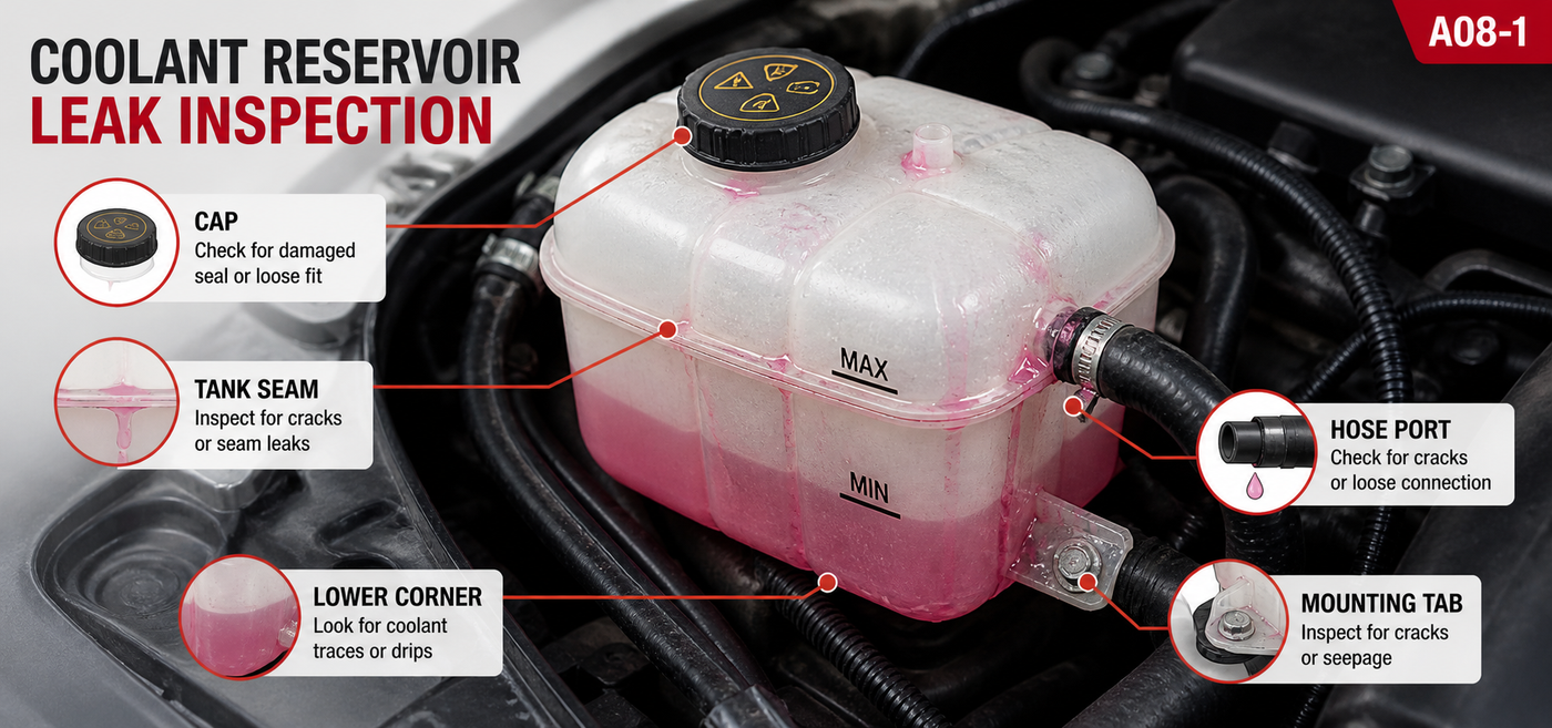 Coolant reservoir leak inspection diagram labeling key check points: cap seal, tank seam, lower corner drips, hose port cracks, and mounting tab seepage.