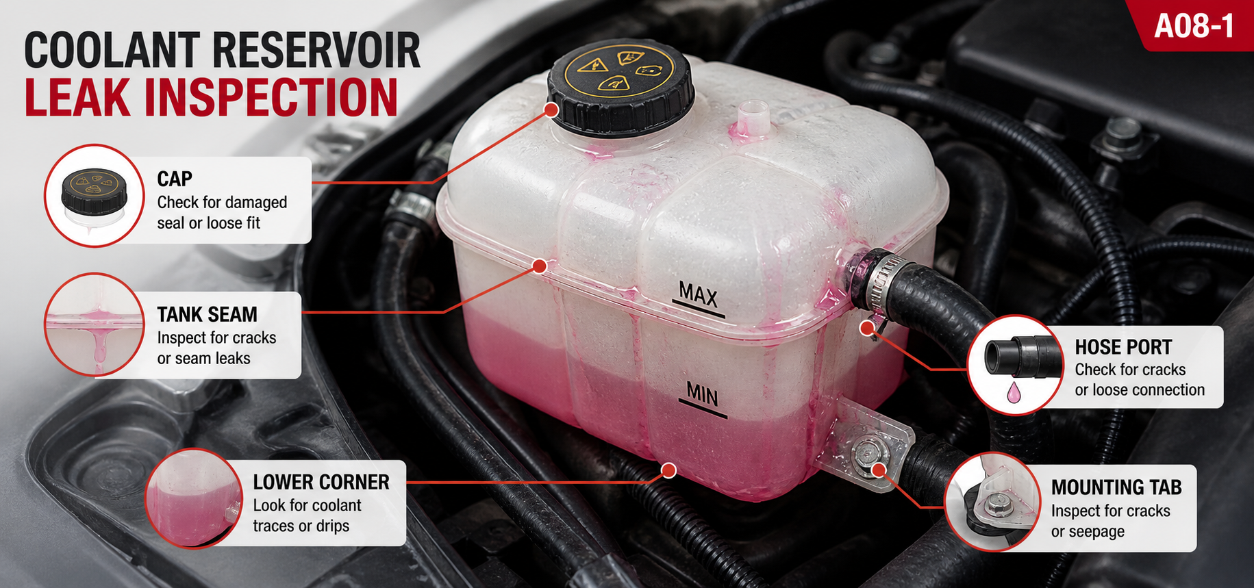 Coolant leak source decision chart showing tank leak, hose leak, radiator leak, and cap leak inspection points