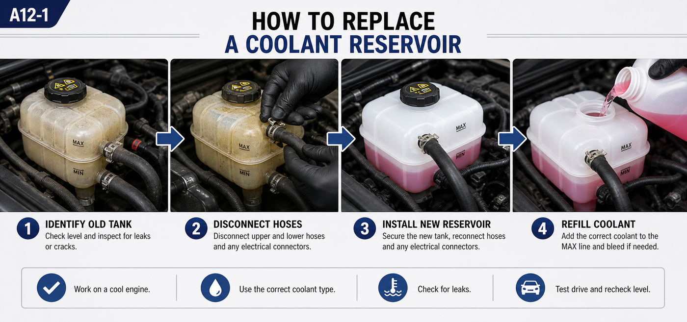 How to replace a coolant reservoir by identifying the old tank, disconnecting hoses, installing a new reservoir, refilling coolant, and checking for leaks