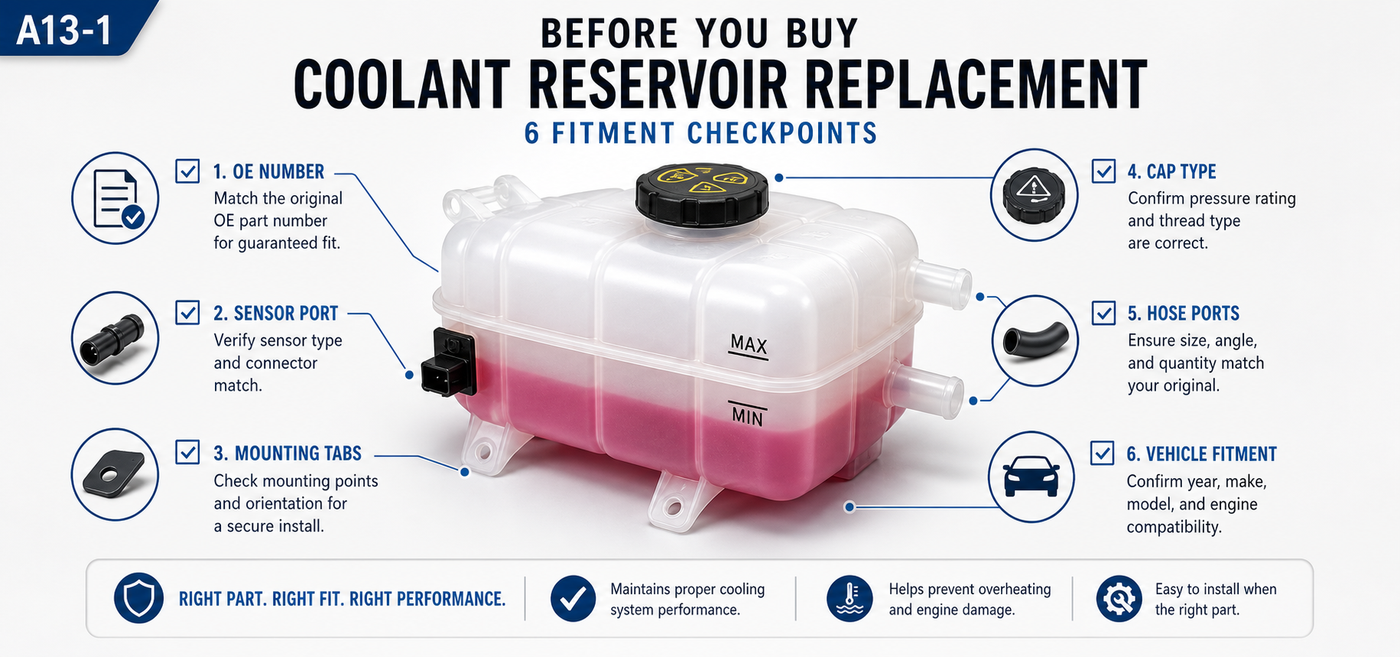 Coolant reservoir buying checklist showing OE number, tank shape, hose ports, cap type, sensor, and mounting points to confirm fitment before purchase