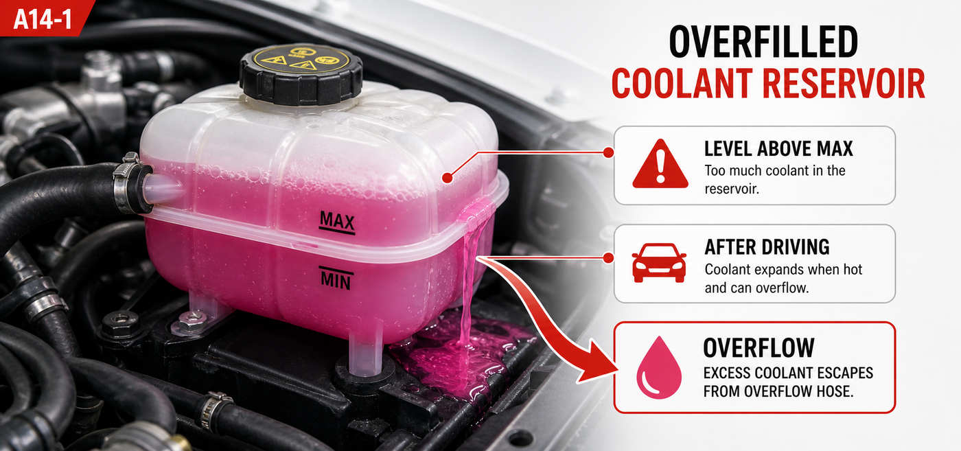 Overfilled coolant reservoir showing coolant above the MAX line, overflow after driving, and excess coolant escaping from the overflow hose