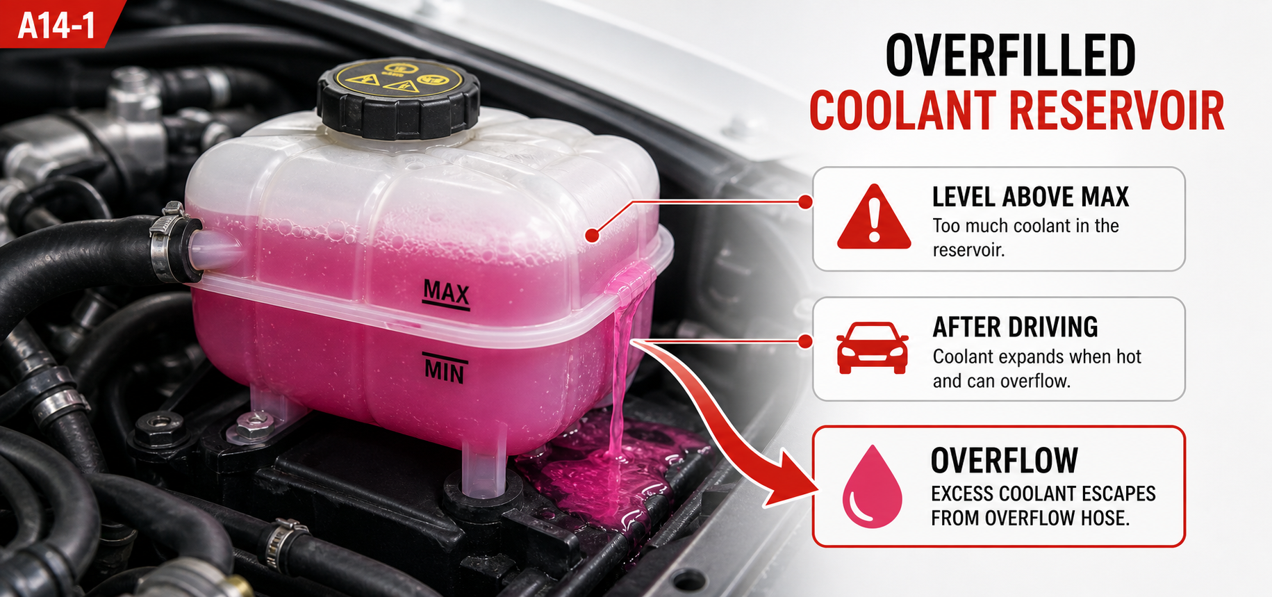 Overfilled coolant reservoir showing coolant above the MAX line, overflow after driving, and excess coolant escaping from the overflow hose