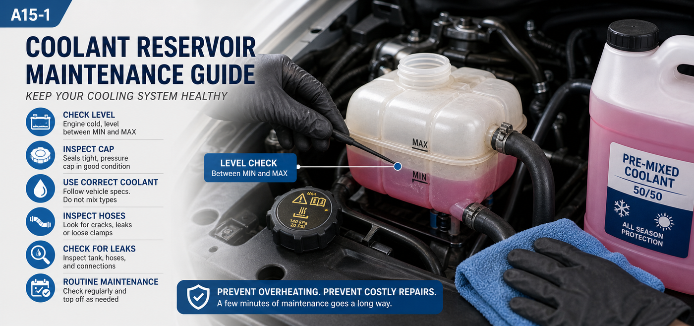 Coolant reservoir maintenance guide showing how to check coolant level between MIN and MAX, inspect the cap and hoses, use correct coolant, and check for leaks