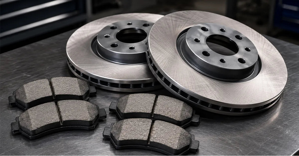 An educational infographic comparing the pros and watch-outs of replacing 'Pads Only' versus a full 'Pads + Rotors Kit'.