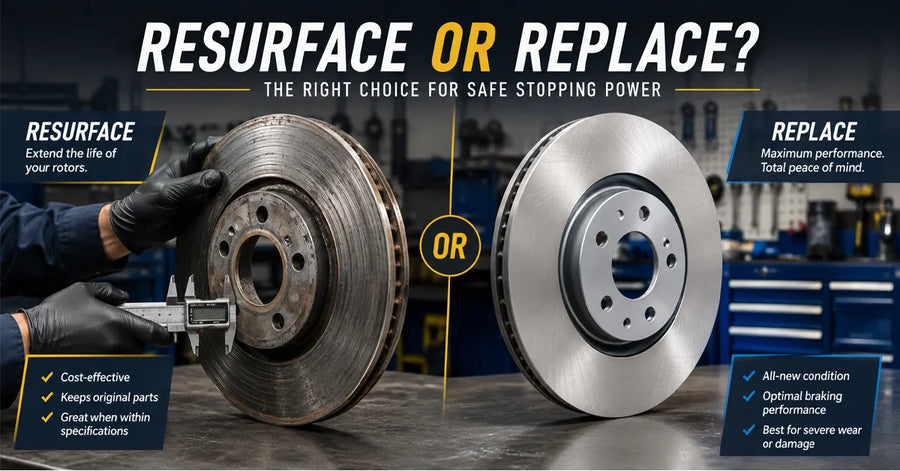 Comparison between resurfacing and replacing brake rotors for safe stopping power, highlighting cost-effectiveness vs. maximum performance for worn rotors.