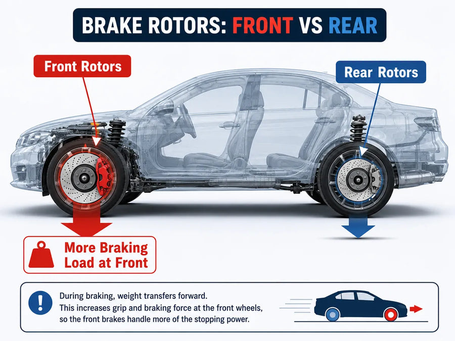 Comparison of front vs. rear brake rotors showing size differences and braking load distribution for optimal vehicle stopping power.