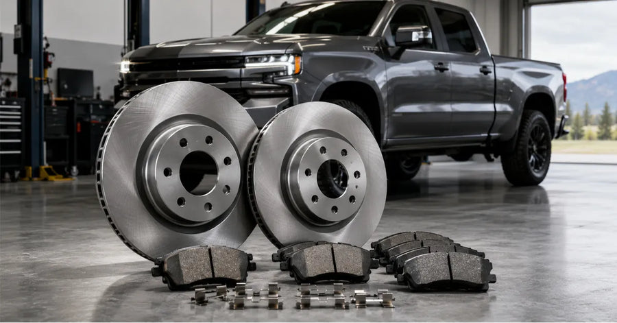 A complete front or rear brake replacement kit, including smooth steel rotors, pads, and installation hardware, displayed in a garage with a grey Chevrolet Silverado truck background.