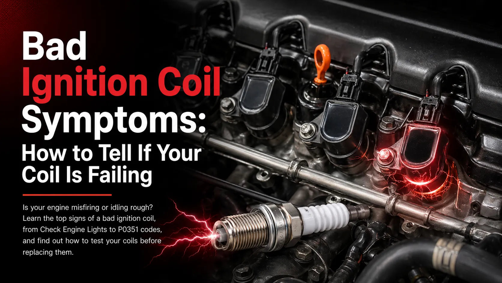 Bad ignition coil symptoms infographic showing engine misfire, check engine light, and P0351 codes with a failing coil pack and spark plug illustration