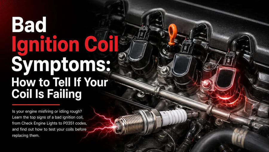 Bad ignition coil symptoms infographic showing engine misfire, check engine light, and P0351 codes with a failing coil pack and spark plug illustration