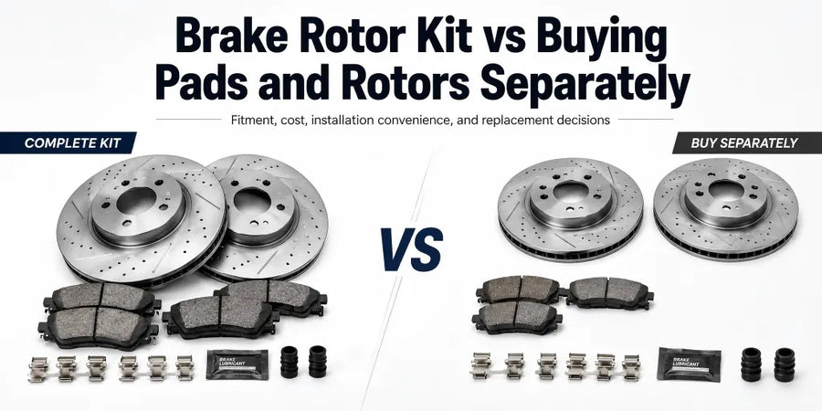 A side-by-side comparison banner titled 'Brake Rotor Kit vs Buying Pads and Rotors Separately' featuring a complete front-and-rear brake kit with four drilled and slotted rotors on the left versus individual components on the right.