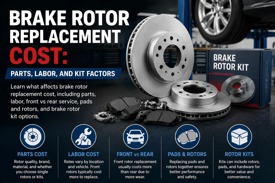 A professional overview of brake rotor replacement cost factors, featuring a brake rotor kit, pads, and hardware.