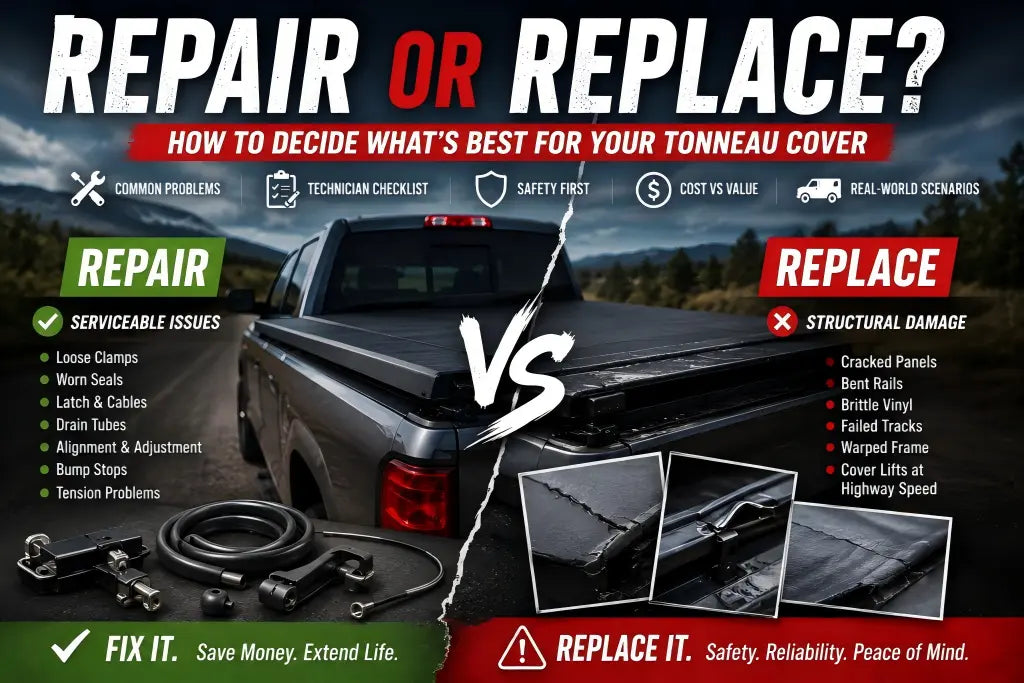 Repair or replace a tonneau cover comparison showing serviceable issues such as loose clamps, worn seals, latch cables, drain tubes, and structural damage such as cracked panels, bent rails, brittle vinyl, and failed tracks.