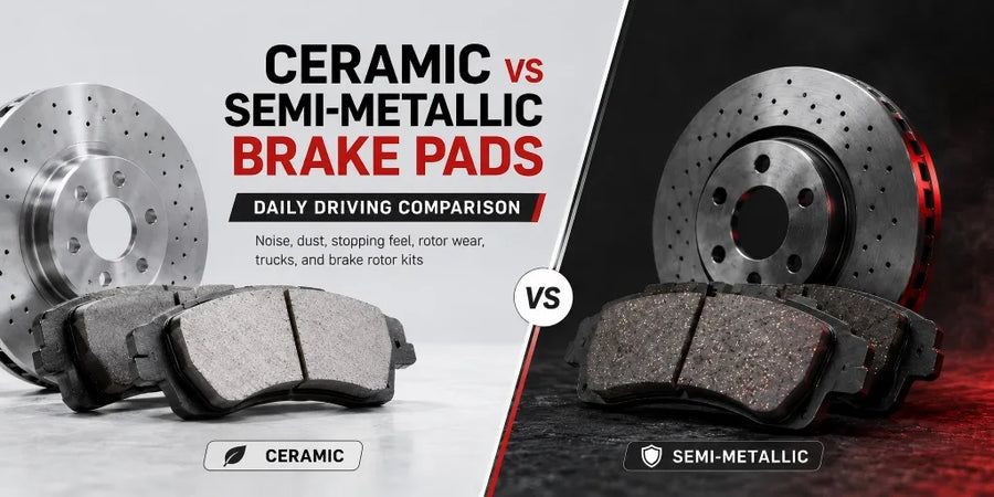 It features a light-themed side showing ceramic pads with a silver drilled rotor for quiet, low-dust driving, and a dark-themed side showing semi-metallic pads with a high-performance rotor for heavy-duty use.