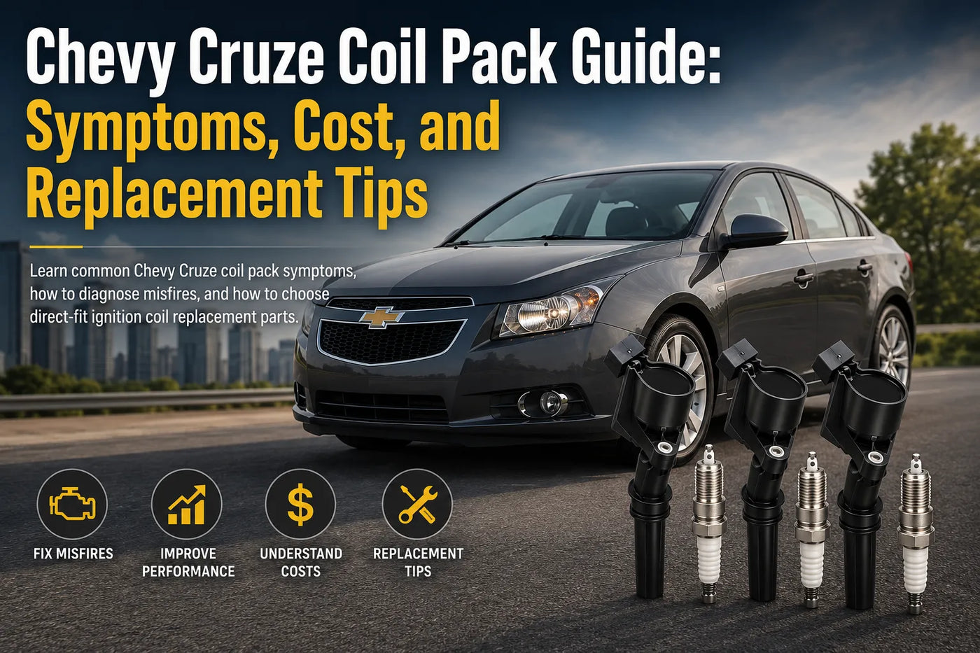 The graphic features a gray Chevrolet Cruze on a road with three ignition coils and three spark plugs in the foreground. Icons at the bottom highlight fixing misfires, improving performance, understanding costs, and replacement tips.