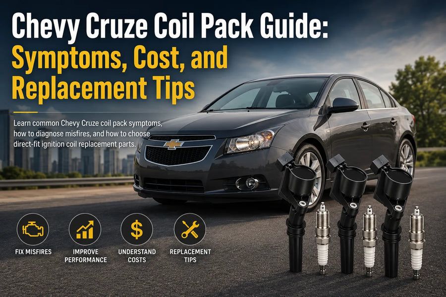 The graphic features a gray Chevrolet Cruze on a road with three ignition coils and three spark plugs in the foreground. Icons at the bottom highlight fixing misfires, improving performance, understanding costs, and replacement tips.