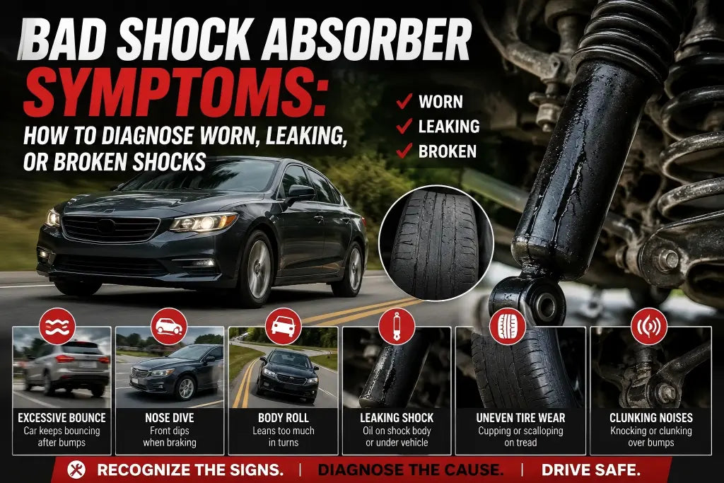 Bad shock absorber symptoms guide showing leaking shocks, uneven tire wear, excessive bounce, nose dive, body roll, and clunking noises.