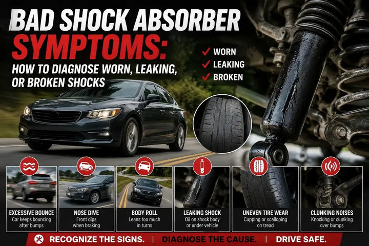 Bad shock absorber symptoms guide showing leaking shocks, uneven tire wear, excessive bounce, nose dive, body roll, and clunking noises.