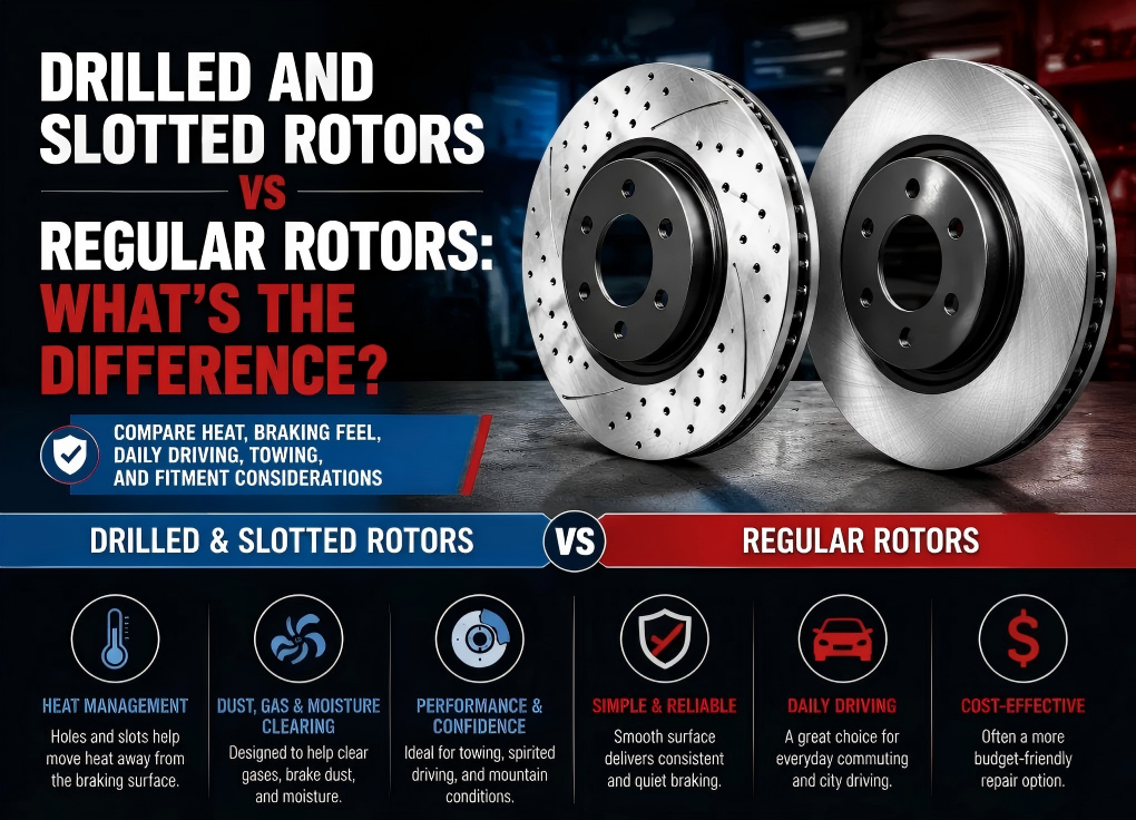Comparison of drilled and slotted vs. regular rotors, highlighting heat management and performance vs. daily driving reliability.