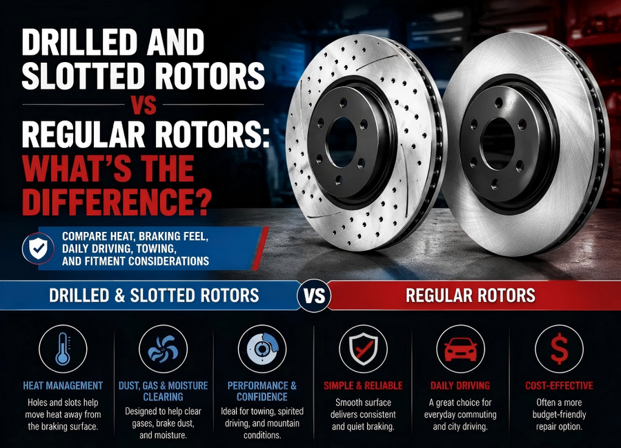 Comparison of drilled and slotted vs. regular rotors, highlighting heat management and performance vs. daily driving reliability.