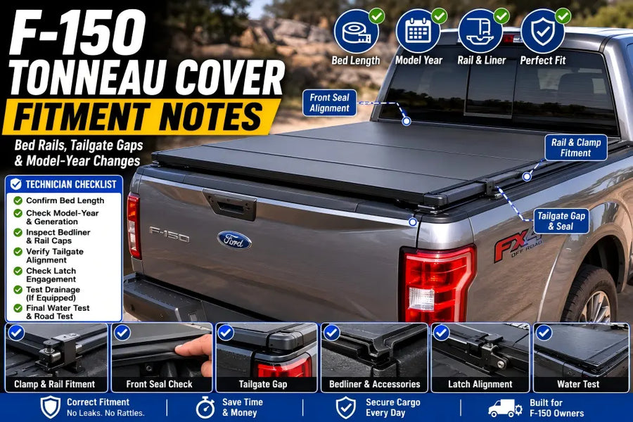 Ford F-150 tonneau cover fitment guide showing front seal alignment, rail and clamp fitment, tailgate gap, bedliner clearance, latch engagement, and water testing