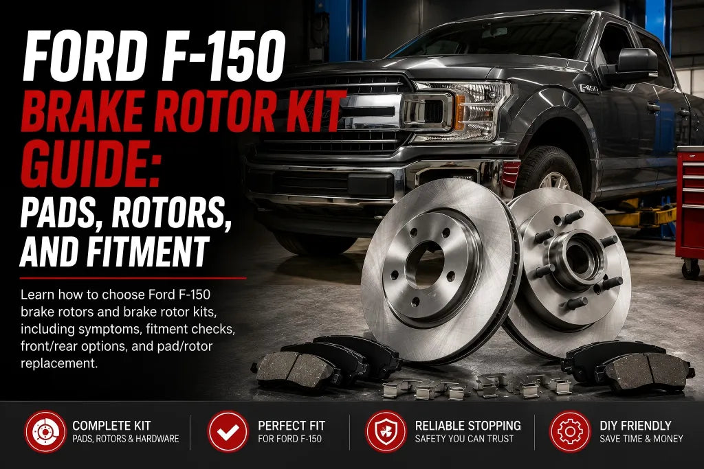 Ford F-150 brake rotor kit with ceramic brake pads and hardware clips displayed in front of a grey F150 truck.
