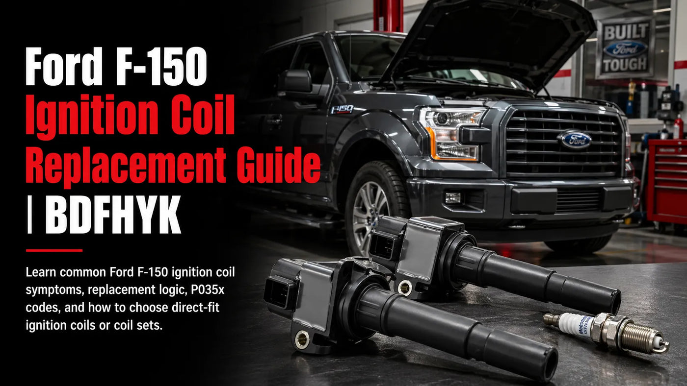 Ford F-150 ignition coil replacement guide cover featuring two black coil-on-plug units and a spark plug from BDFHYK. A dark gray Ford F-150 truck with its hood open is visible in the background.
