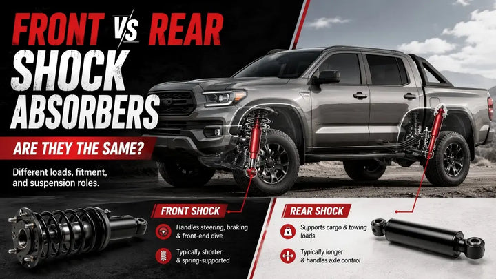 Front vs rear shock absorbers comparison graphic showing a pickup truck with front and rear suspension positions, shock absorber differences, and vehicle fitment notes.