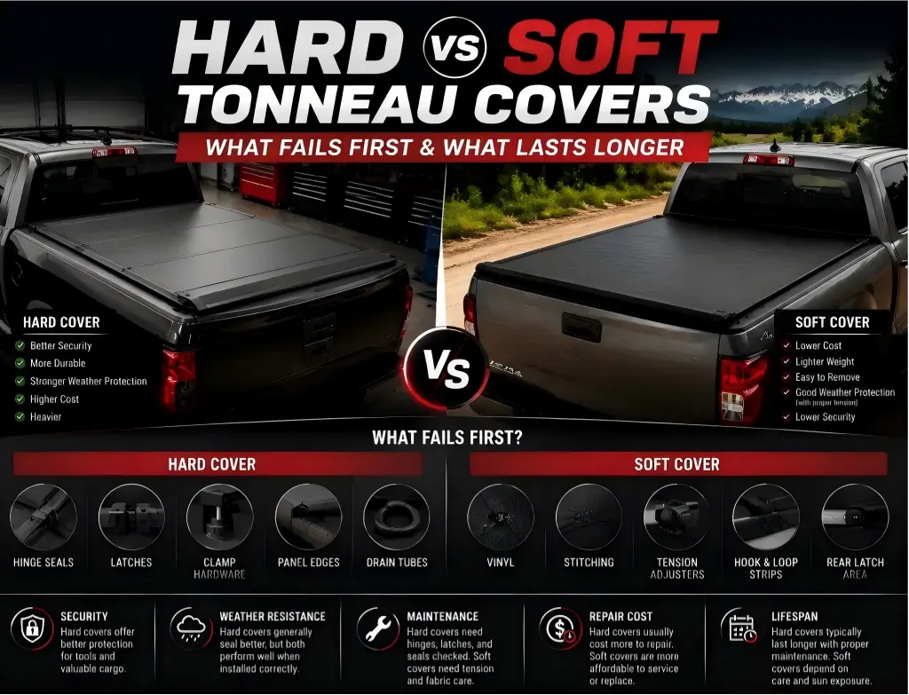 Hard vs soft tonneau covers comparison showing security, weather resistance, maintenance, repair cost, and common failure points for pickup truck bed covers
