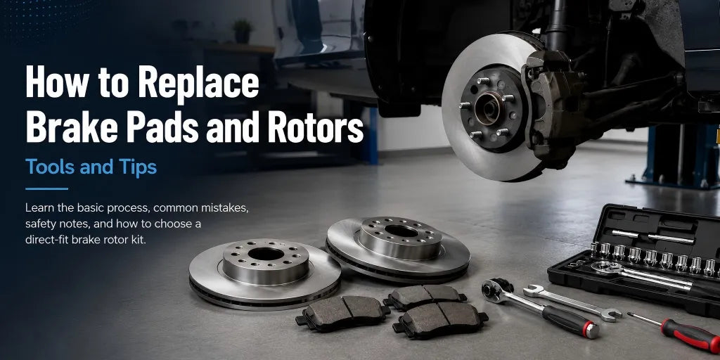A header image titled 'How to Replace Brake Pads and Rotors: Tools and Tips,' featuring a vehicle on a shop lift with one wheel removed to show the brake assembly.