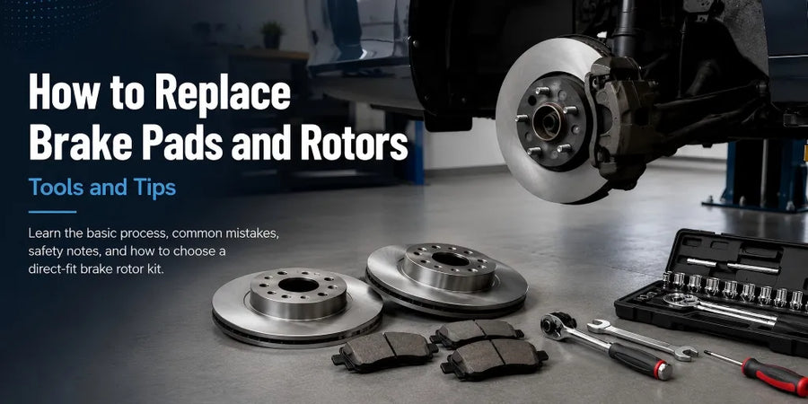 A header image titled 'How to Replace Brake Pads and Rotors: Tools and Tips,' featuring a vehicle on a shop lift with one wheel removed to show the brake assembly.