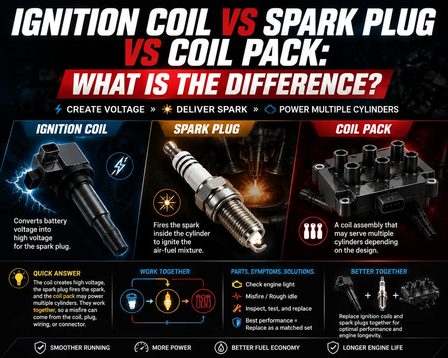 Infographic comparing ignition coil, spark plug, and coil pack functions, misfire diagnostics, and the benefits of set-based maintenance.
