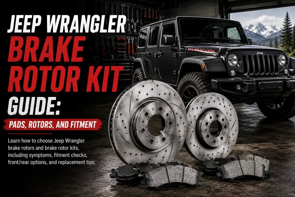 Jeep Wrangler brake rotor kit guide with drilled and slotted rotors, brake pads, and fitment tips for front and rear brake replacement