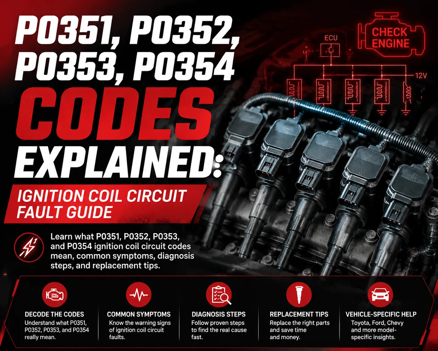The graphic shows ignition coils on an engine, an ECU wiring diagram, and a check engine light icon. Bottom icons detail diagnosis steps, symptoms, and replacement tips for vehicle brands like Toyota, Ford, and Chevy.