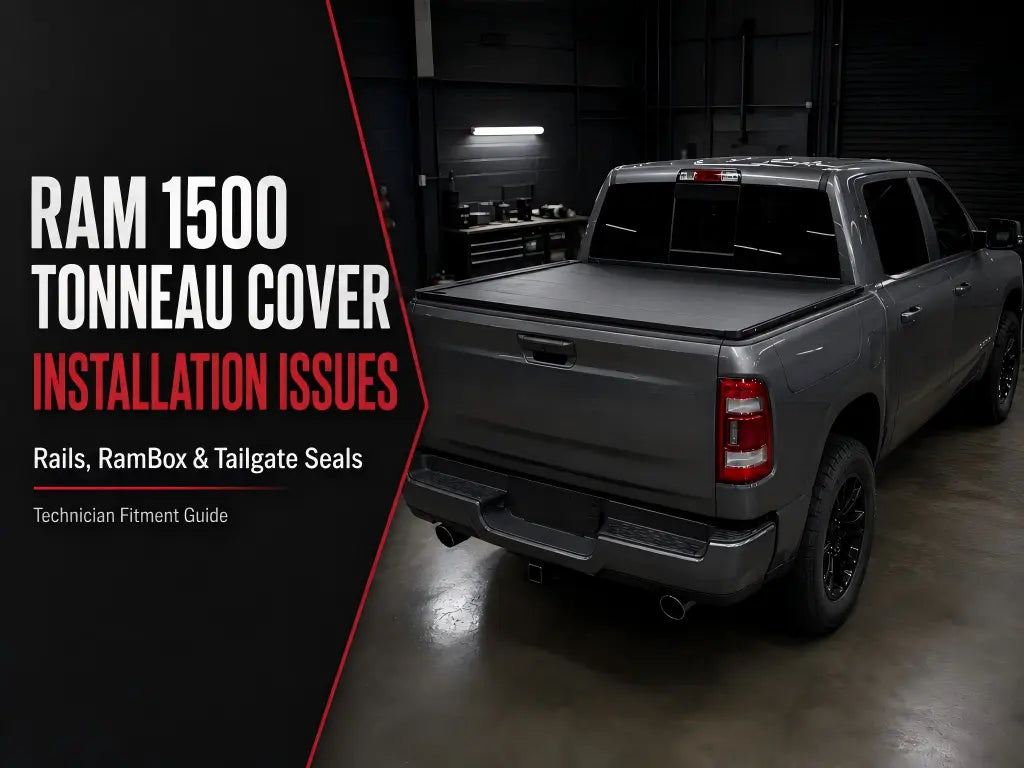 Ram 1500 tonneau cover installation guide showing a low-profile truck bed cover with fitment checks for rails, RamBox compatibility, tailgate seals, clamps, and drainage.
