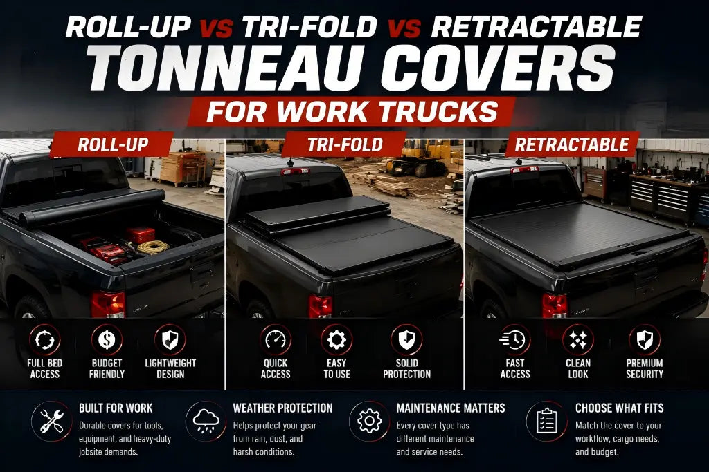 Roll-up vs tri-fold vs retractable tonneau covers comparison showing truck bed access, maintenance needs, security, and work truck applications