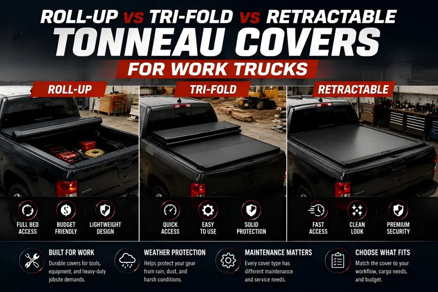 Roll-up vs tri-fold vs retractable tonneau covers comparison showing truck bed access, maintenance needs, security, and work truck applications