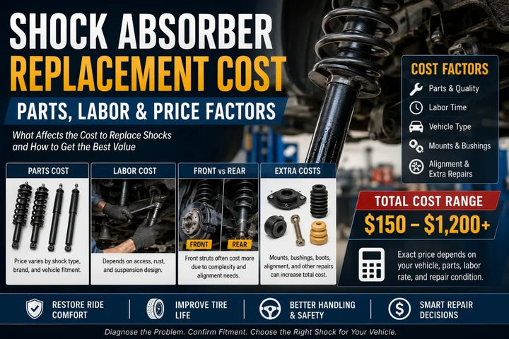 Shock absorber replacement cost factors including parts type, labor access, rusted bolts, mounts, bushings, boots, alignment, tires, and related suspension repairs.