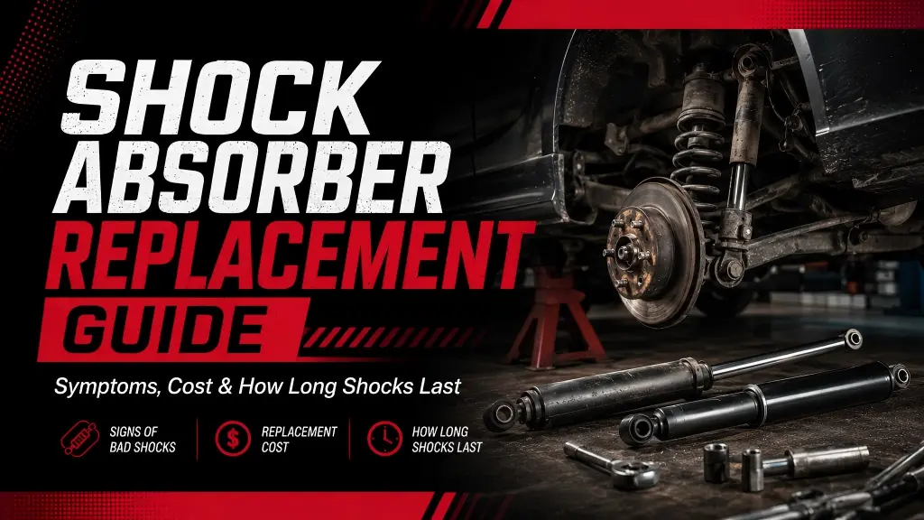 Shock absorber replacement guide cover showing worn suspension parts, replacement shocks, repair tools, symptoms, cost, and service life.