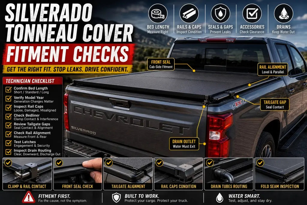Chevy Silverado tonneau cover fitment inspection showing front seal, rail alignment, tailgate gap, drain outlet, clamps, bed rail caps, and drain tube routing