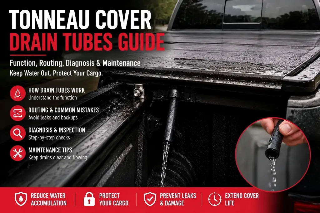 Tonneau cover drain tubes guide showing water drainage, routing mistakes, clog inspection, and maintenance tips for truck bed covers
