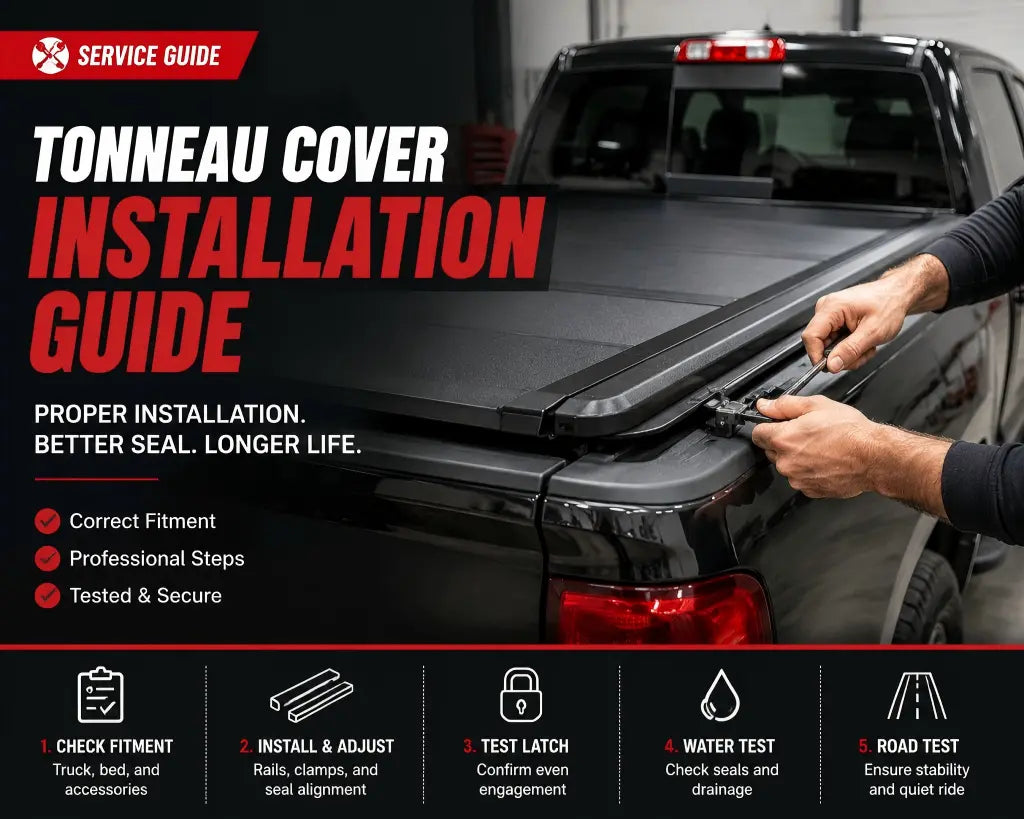Tonneau cover installation checklist showing a technician installing and adjusting a truck bed cover with fitment check, rail alignment, latch test, water test, and road test.