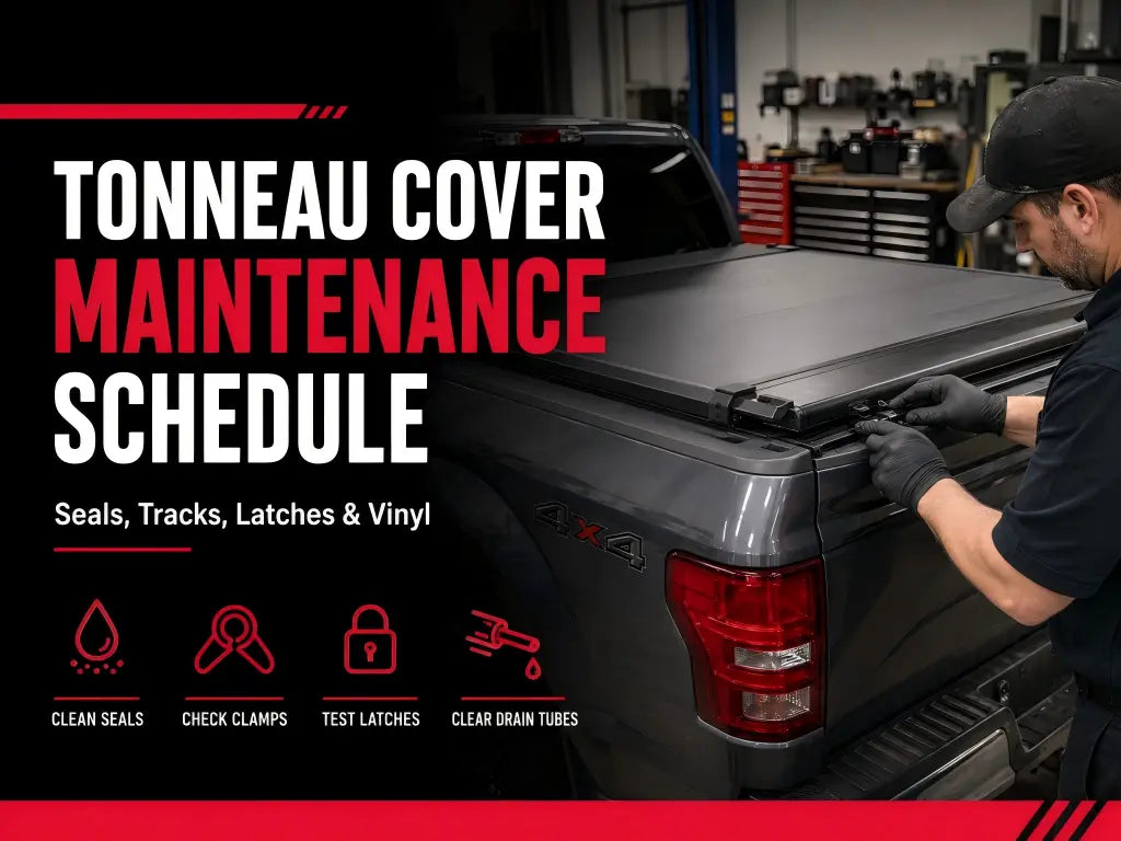 Tonneau cover maintenance schedule showing a technician inspecting seals, tracks, clamps, latches, and drain tubes on a pickup truck bed cover.